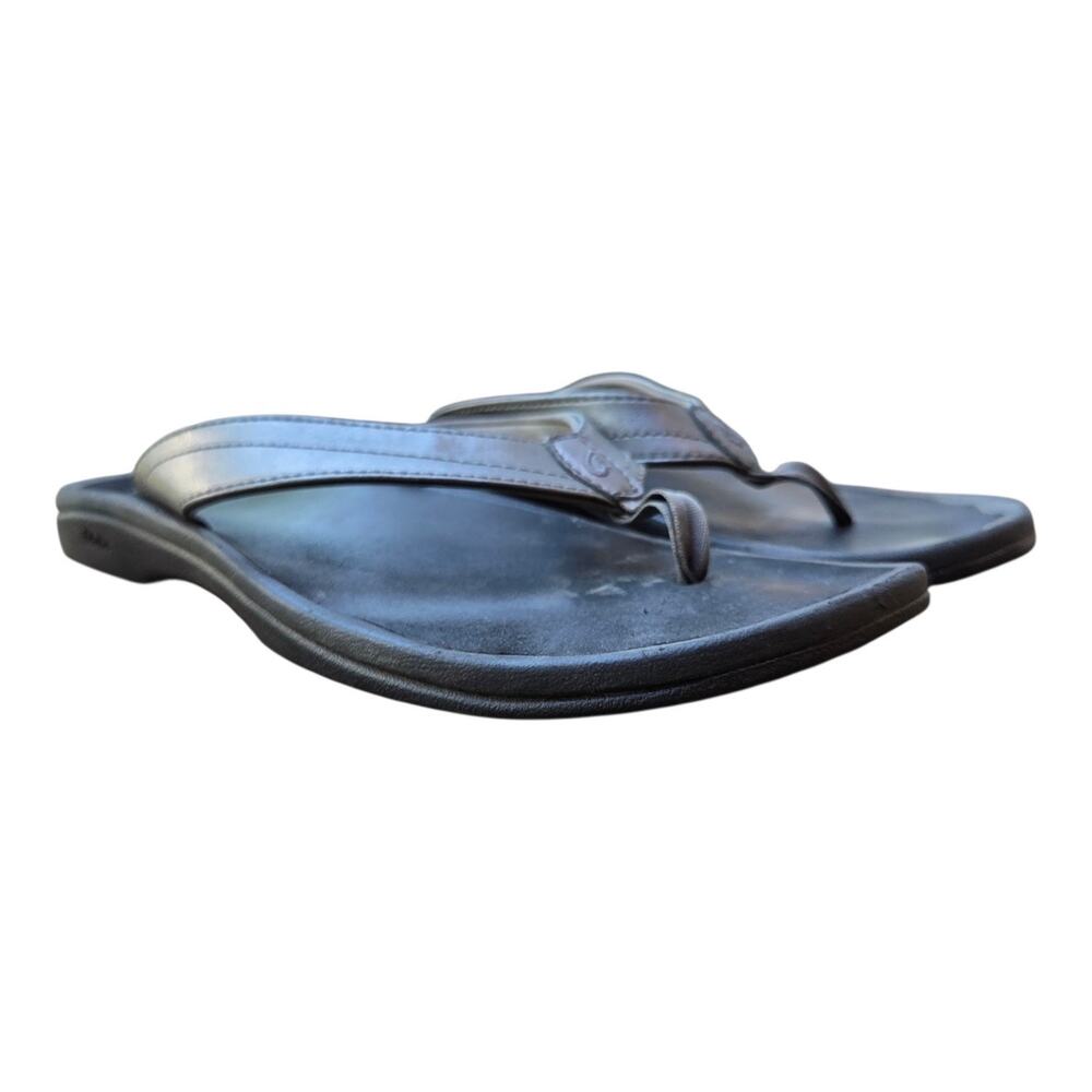 OluKai 'Ohana Sandals Womens Pewter Metallic Black Toe Slip On Flip Flop Size 9